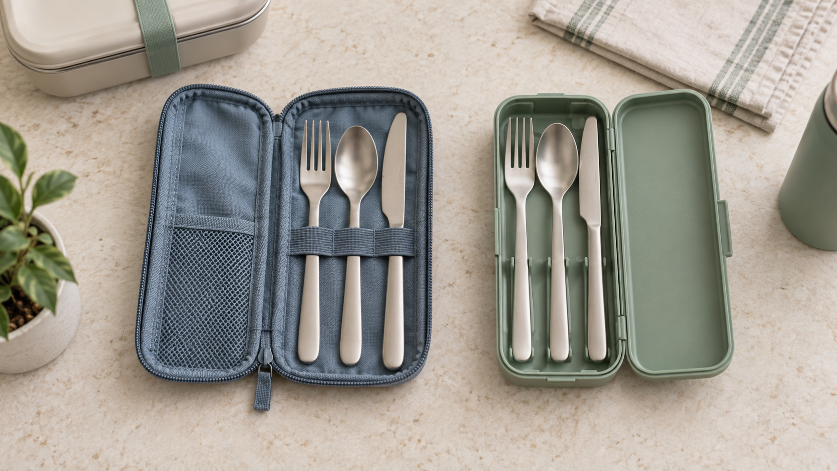 Overhead view of an open blue-gray fabric utensil pouch and an open sage rigid case, each holding a fork, spoon, and blunt table knife