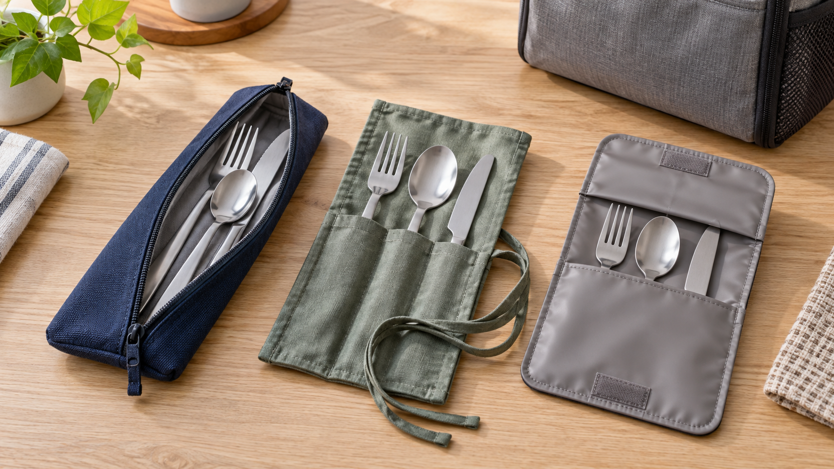 Three unbranded soft utensil pouch formats—a zippered fabric pouch, tie roll, and wipe-clean fold-over sleeve—holding reusable table cutlery on a kitchen table