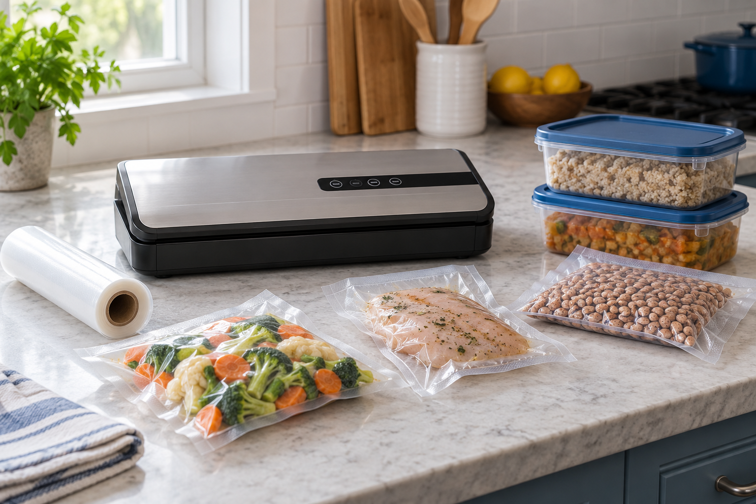 Countertop vacuum sealer beside a bag roll, sealed food bags, and reusable containers for comparing batch-cooking storage options
