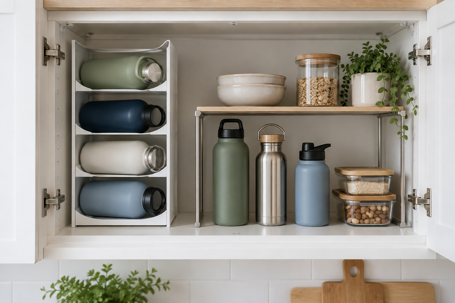 Small kitchen cabinet with four reusable bottles in a divided horizontal rack beside three upright bottles stored under a shelf riser