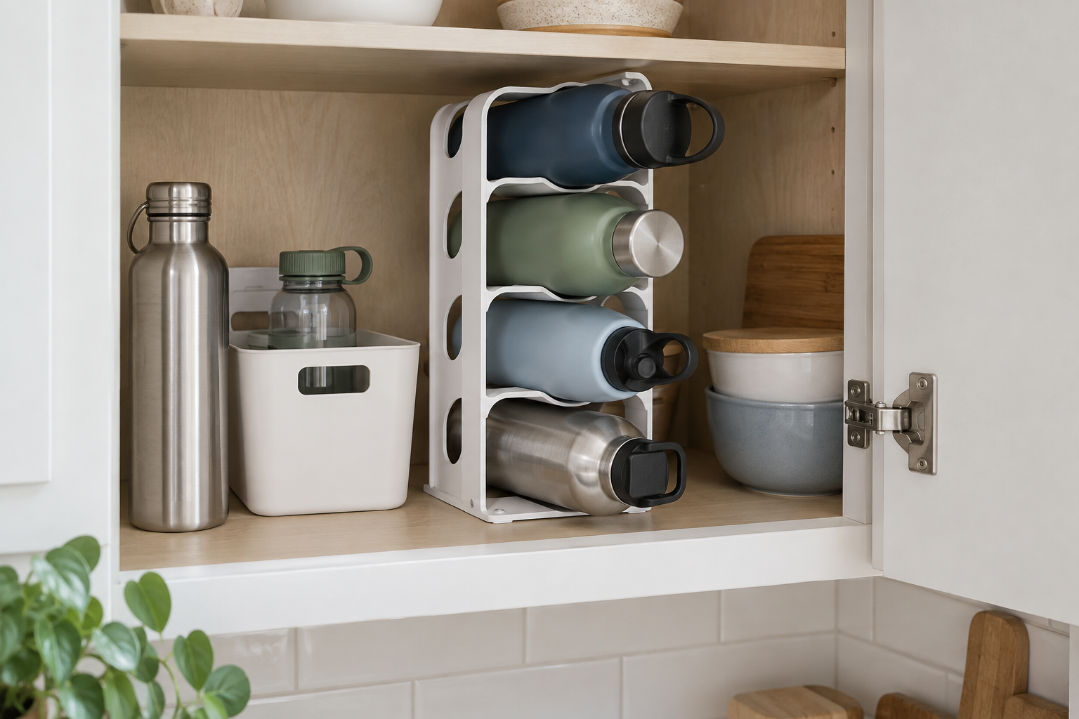 Vertical organizer holding four empty reusable water bottles beside a loose bottle and an open bin in a small kitchen cabinet