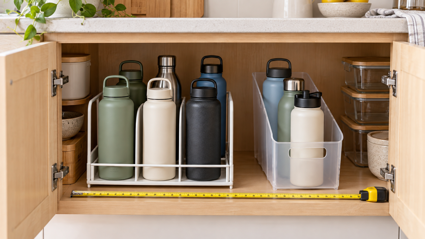 Upright reusable water bottles in a divided rack and narrow bin inside a small cabinet with a measuring tape along the shelf