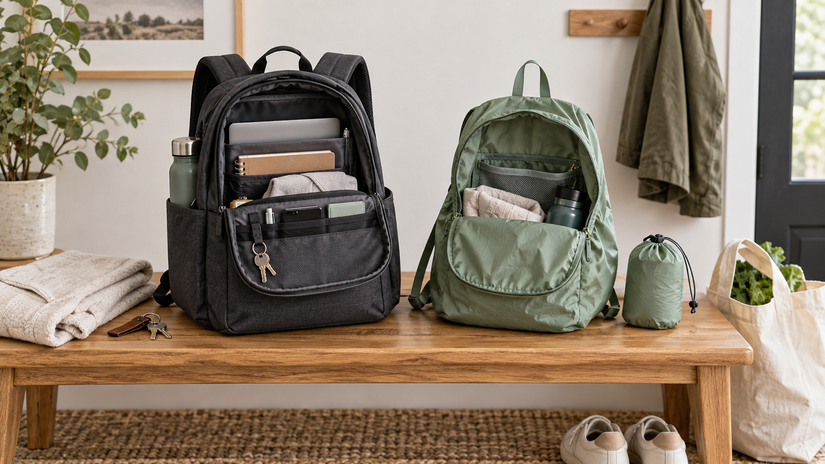 An unbranded structured charcoal walking backpack beside a lightweight sage packable daypack, matching stuff pouch, bottle, keys, folded layer, and reusable shopping bag on an entryway bench