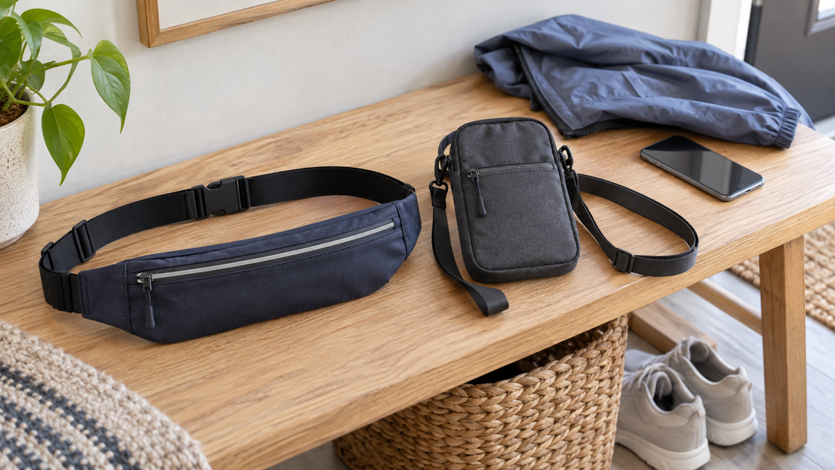 An unbranded navy walking belt and charcoal crossbody phone holder on an entryway bench beside a plain phone and folded walking jacket