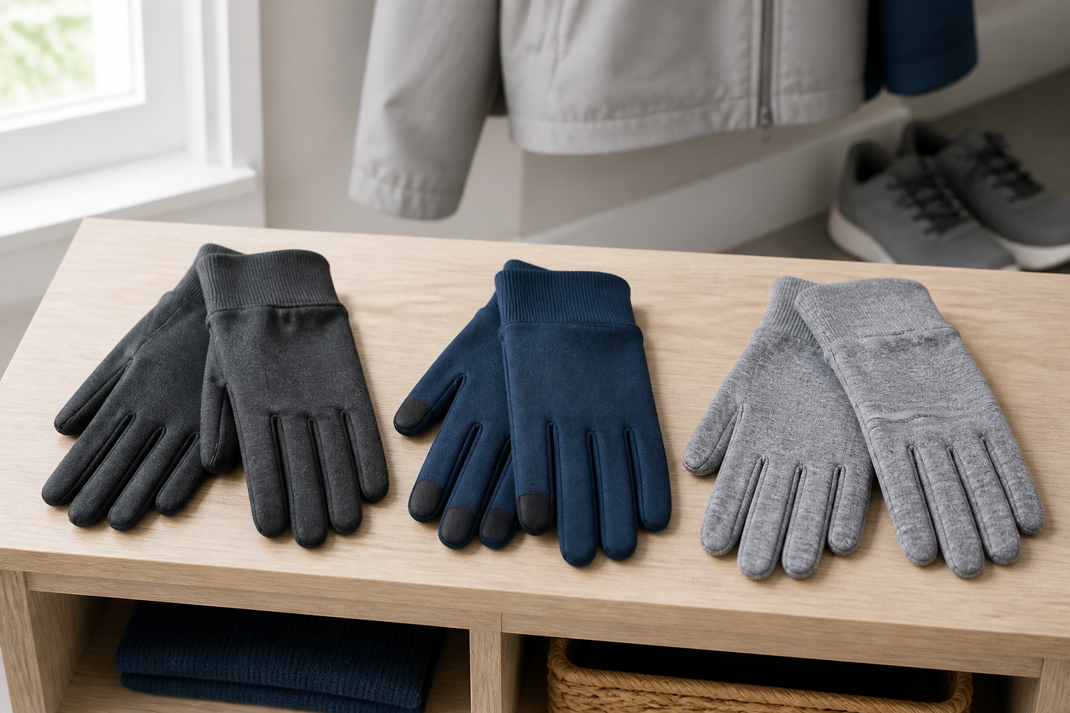 Three pairs of lightweight cool-weather walking gloves in charcoal, navy, and gray arranged on an entryway bench