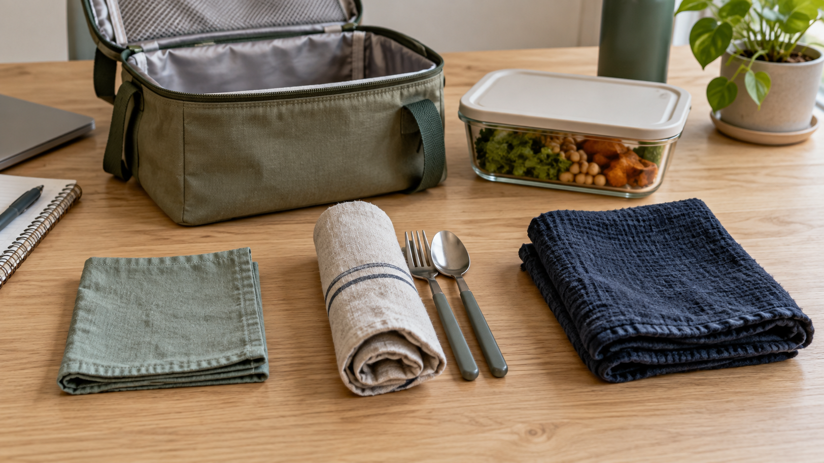 Three unbranded washable cloth napkin formats folded and rolled beside cutlery, a lunch container, and an open workday lunch bag