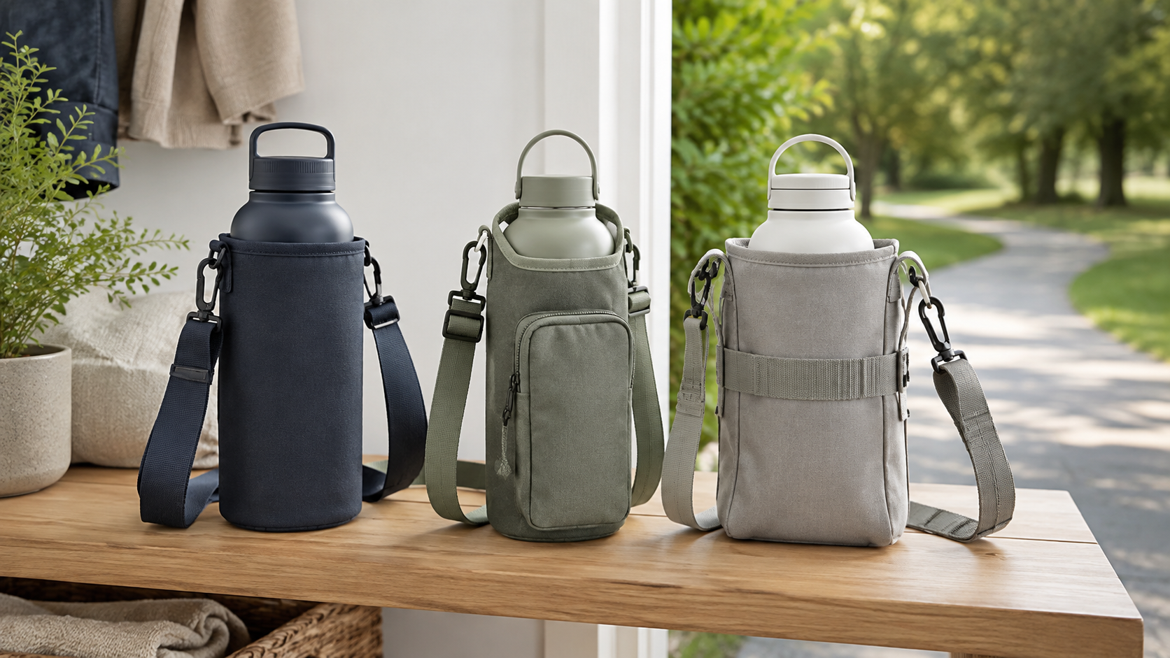 Three unbranded reusable water bottles seated in navy, sage, and gray fabric crossbody sling carriers with different pocket and strap layouts beside a walking path