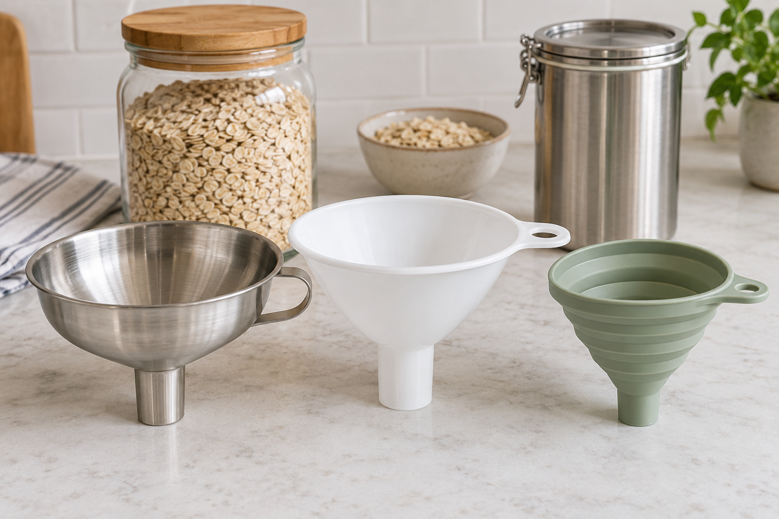 Three unbranded wide-mouth kitchen funnels in stainless-steel, rigid plastic, and collapsible formats beside glass and metal food-storage containers